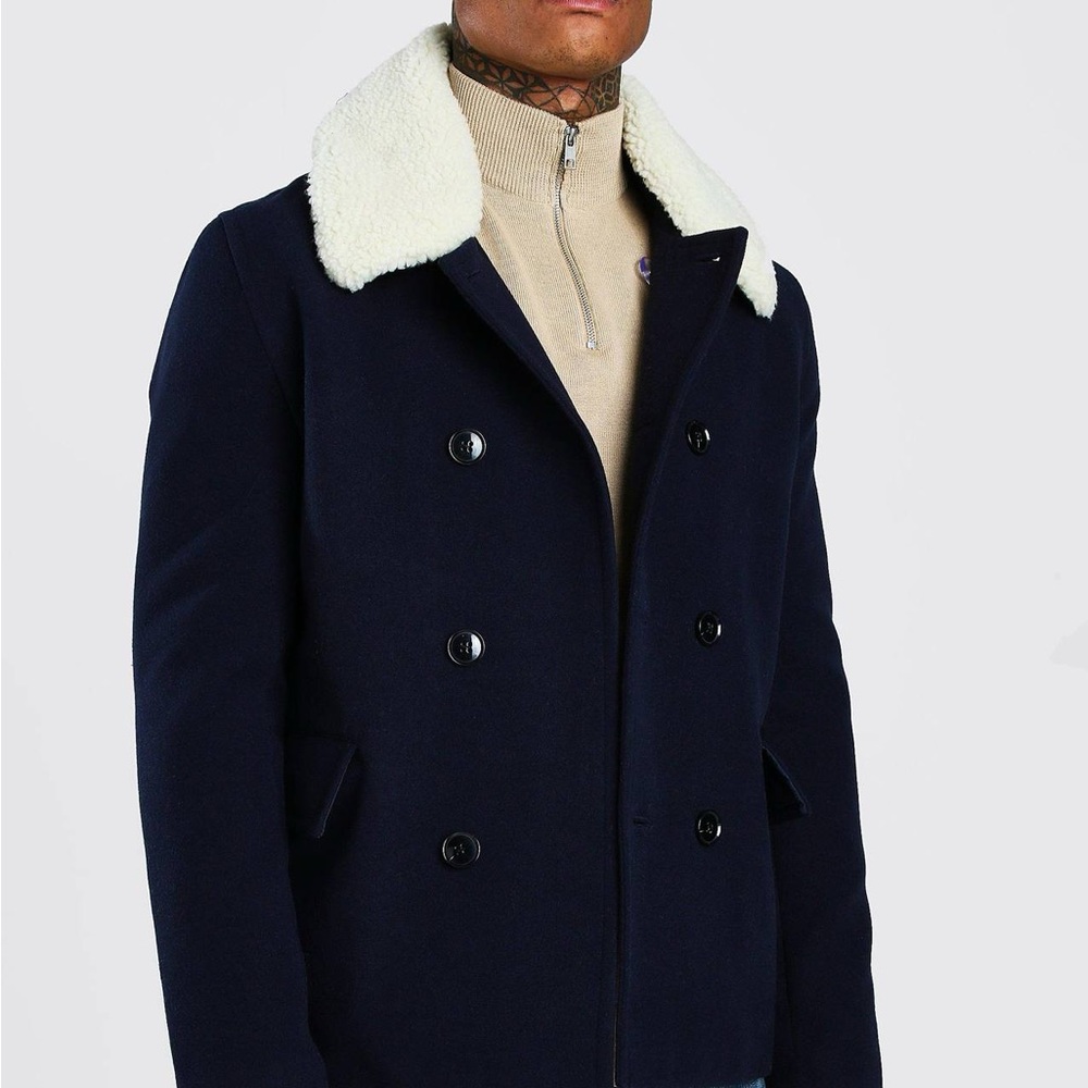 Men's black Peacoat with White Collar Wool Sz M New!